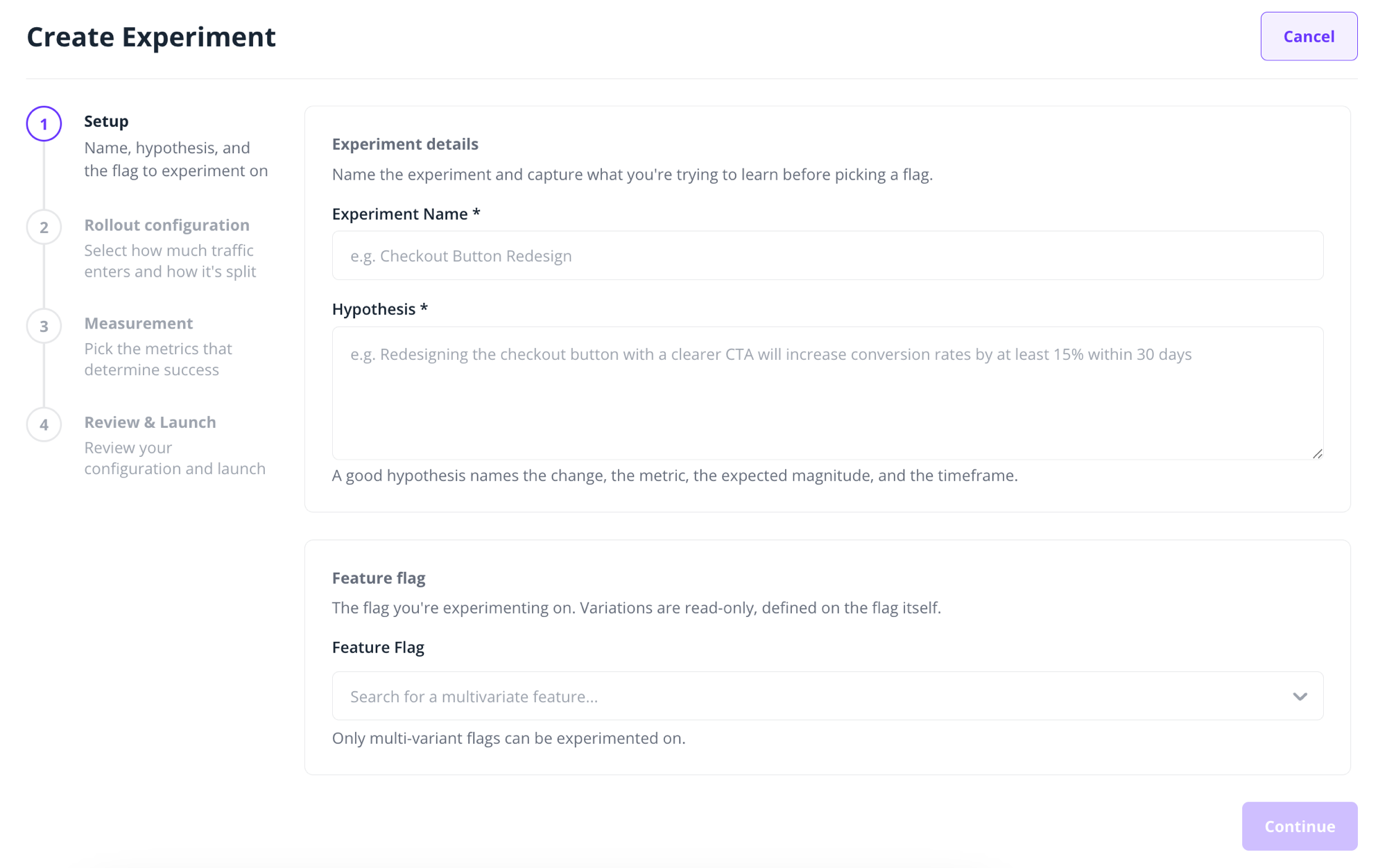 The Setup step: experiment name, hypothesis and feature flag