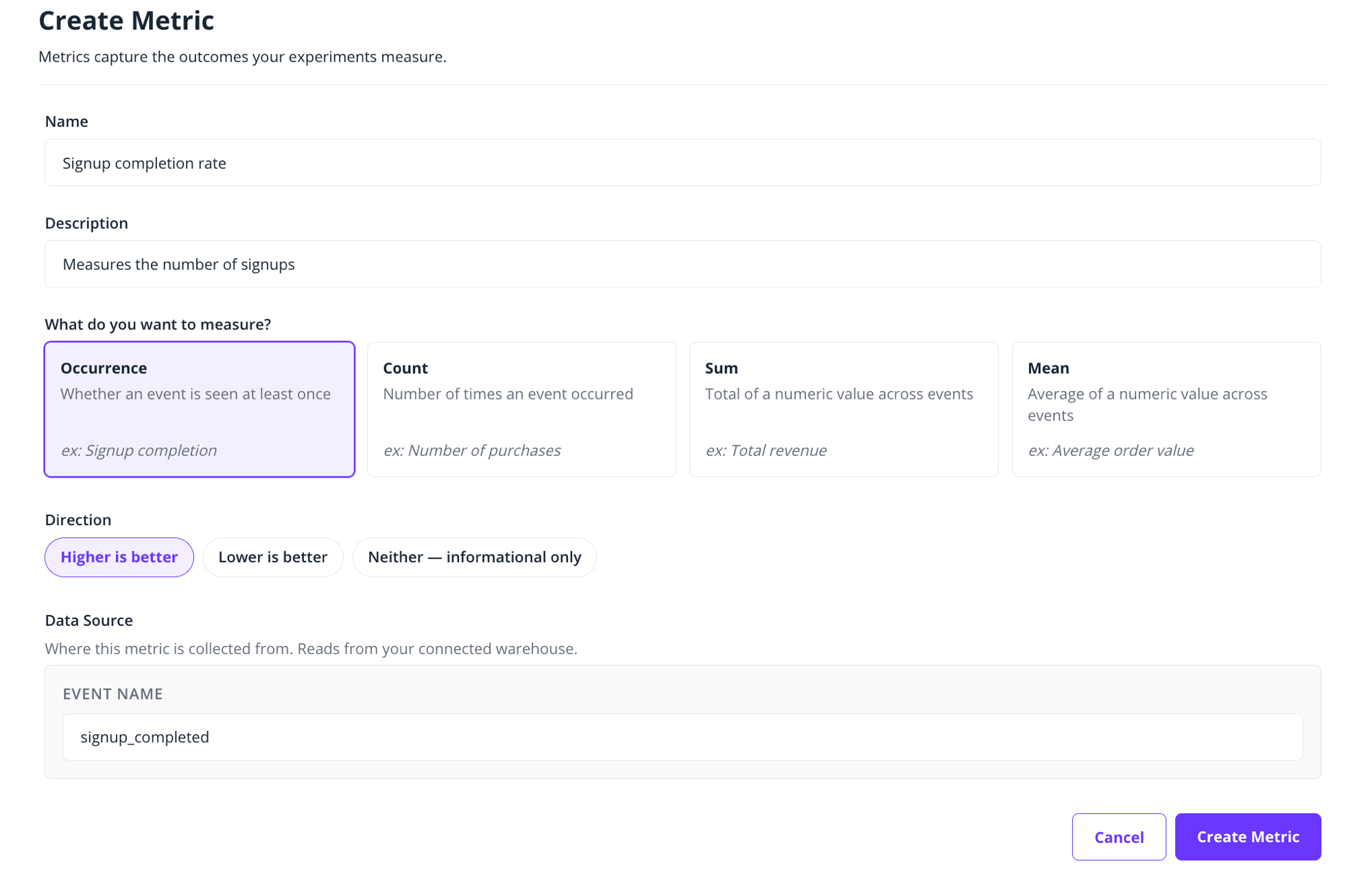 The Create Metric form with name, description, aggregation type, direction and event name fields